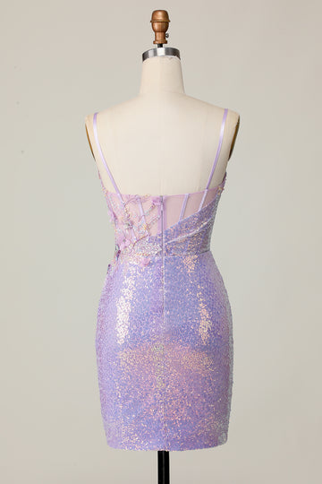 Sparkly Lilac Bodycon Corset Sequins Homecoming Dress with 3D Flowers